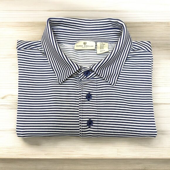 Rorie Whelan Golf Navy Blue Striped Performance Short Sleeve Polo - Picture 1 of 7